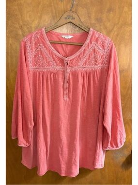 Lucky Brand Pink Embroidered Peasant Tunic Top 3X Boho Cotton Lagenlook Slouchy